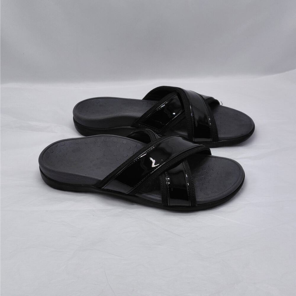 Vionic Womens Slide Sandals Size 8 Black Patent Slip On Comfort Summer Shoes